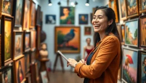 A professional viewing diverse art pieces in a vibrant gallery, symbolizing budget-friendly art collecting.