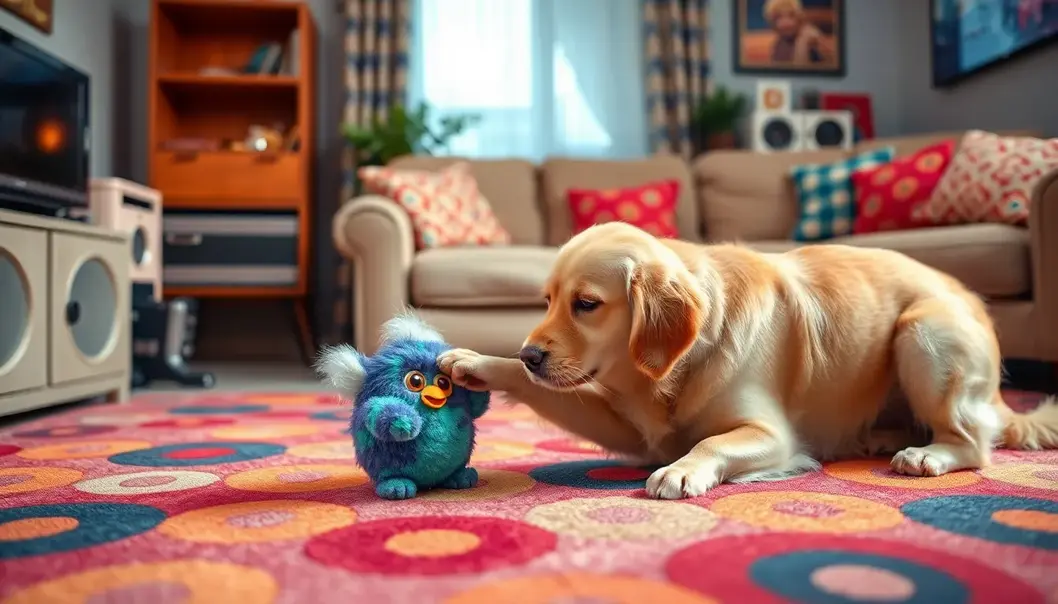 A golden retriever interacts with a Furby, illustrating the toy’s charm beyond its intended audience.