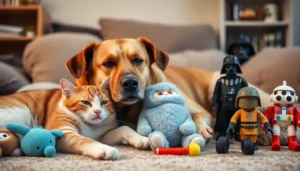 A cat and dog resting in a cozy room with toys like Furby and Star Wars figures.
