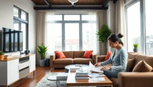 Modern apartment with a professional organizing finances at a coffee table.